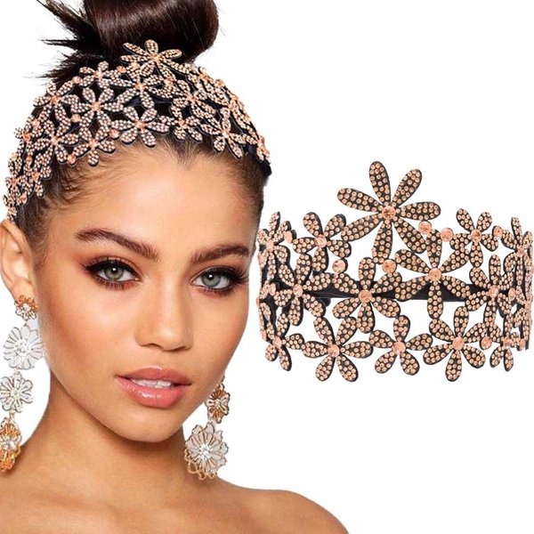 Bouory Rhinestone Wide Headband Glitter Flower Hairband Crystal Turban Head Bands Non Slip Headhoop for Women and Girls (Champagne color)