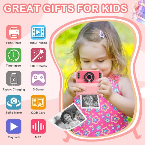 Instant Print Camera for Kids, Christmas Birthday Gifts for Age 3-12, 2.4 Inch Screen Inkless Children Selfie Digital Camera, Toddlers Portable Travel Toys for 3 4 5 6 7 8 Year Old Girls Boys (Pink)