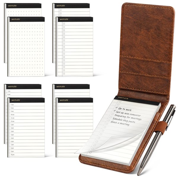 WEMATE PU Leather Notepad Holder Set - 10 Mini Pocket Notepads with Refills and Metal Ballpoint Pen for Meetings, Daily Records, and Notes Brown