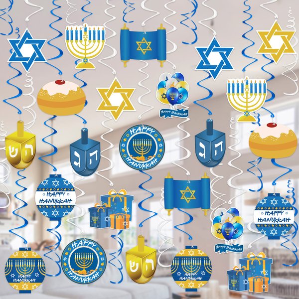 Tifeson Hanukkah Decorations Hanging Swirls - 36 PCS Menorah Star of David Dreidel Ceiling Swirls for Chanukah Party, Happy Hanukkah Holiday Party Decor
