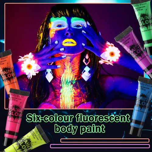 Glow in the Dark Face Body Paint,Blacklight Neon Halloween Face Paint,Neon Fluorescent Body Paint for Halloween Festivals Stage Christmas Party and Events,Set of 6 Tubes