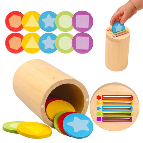 Montessori Toys for 1-3 Year Old, Wooden Shape and Color Sorting Coin Box Toys, Fine Motor Skills Sensory Toys for Toddlers Age 1 2 3, 12-36 Month Old Birthday Gifts for Baby Boys Girls