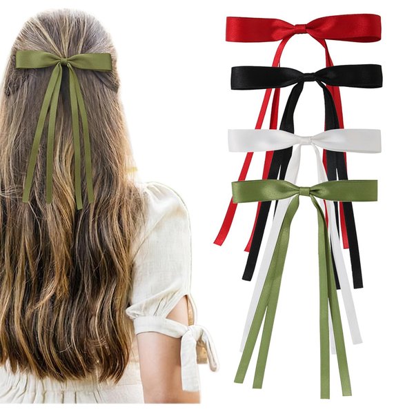 4Pcs Tassel Hair Bow Clips, Tassel Ribbon Bowknot Hair Clip with Long Hair, Claw Hair Clips with Bow for Women Hair Accessories(Black, white, wine red, army green)