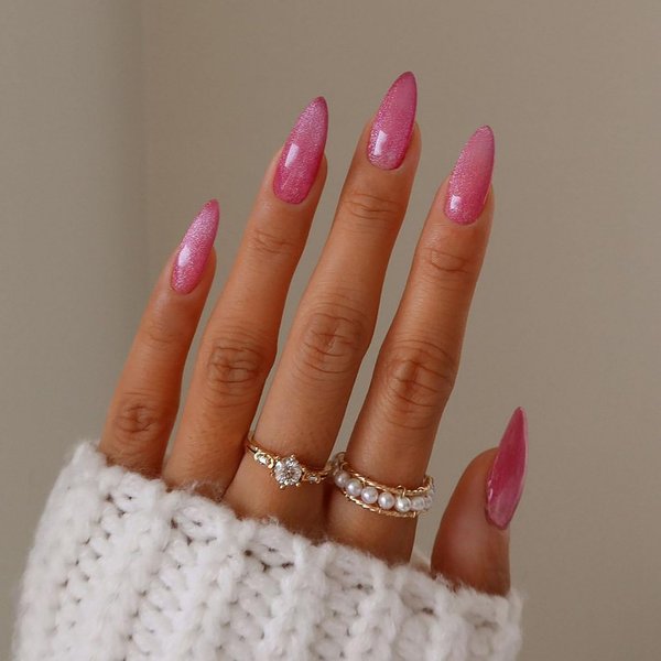 Cat Eye Press on Nails Medium Almond SWEKKE Fake Nails Pink Full Cover Solid Color Glue on Nails Flash Pink Glossy False Nails with Nail Glue Acrylic Manicure Artificial Nails for Women Girls 24Pcs