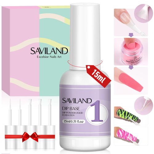 Saviland Dip Powder Base: Vitamin E Ultra Adhesive Dip Foundation Coat for Refill Dip Powder Liquid Set Nail Kit with 2 Liner 3 Replacement Brush for French Nail Art Beginner Home Salon DIY
