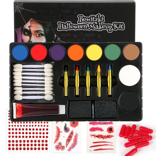 Bowitzki Halloween SFX Makeup Kit with 9 colors Oil Based Face Paint Colors,Empty Capsules,Temporary Tattoo Stickers,Fake Blood,Stipple Sponges,5pcs Face Paint Crayons, Applicator,1 sheet gems