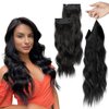 UAmy hair Black Long Wavy Curly Hair Invisible Wire Hair Extensions with Adjustable Size and 2 Clips in Hair Extensions 20 Inch Synthetic Hairpieces for Women(Black)