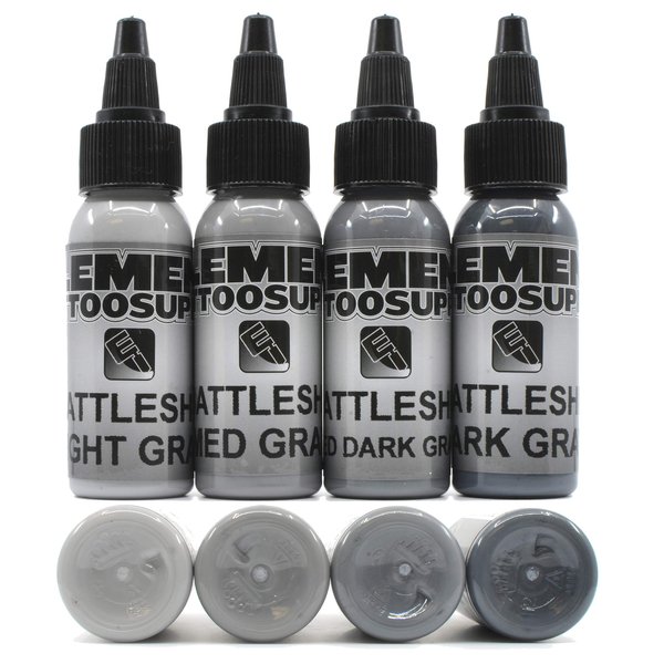 Element Tattoo Supply Gray Tattoo Ink Set Shading Coloring Professional Tattooing 1-oz 4-Bottles 4-Shades Color Battleship Grey Shade Blending Pigments