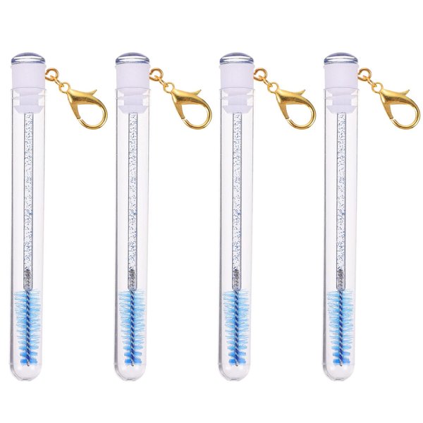 Mascara Wands with Tube, 4pcs Empty Mascara Tube and Wand Mascara Eyelash Spoolies Brush Makeup Tool with Key Chain for Women Girls (Blue)