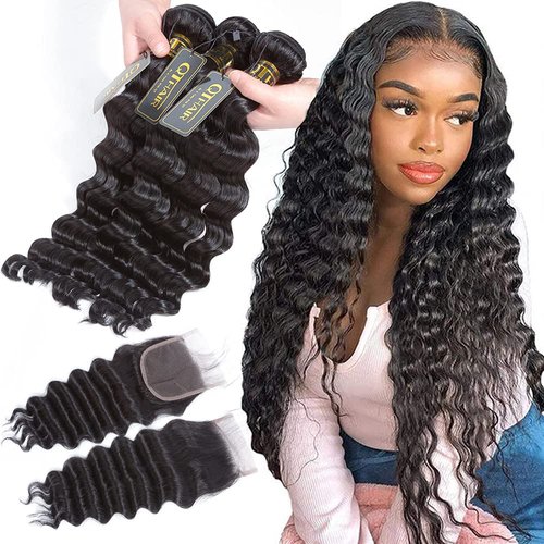QTHAIR 14a Brazilian Loose Deep Wave Human Hair Wigs Bundles for All Women (18" 20" 22"+16", Bundles with Closure)