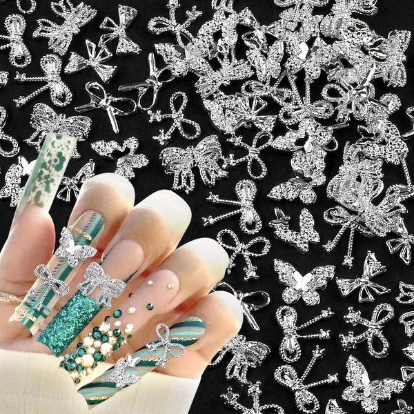 50pcs 3D Alloy Bow Nail Charms Butterfly Nail Art Charms Random Silver Nail Charms Cute Bow Charms for Nails Design Luxury Nail Rhinestones Metal Bowknot Butterfly Nail Jewels for Nail Art Supplies