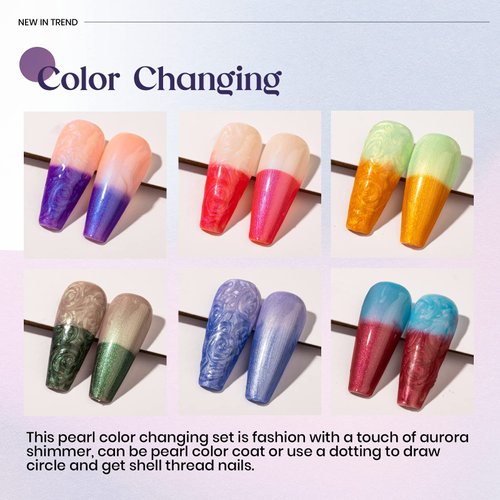 MIZHSE Color Changing Nail Polish Pearl Mood Changing Nails Polish Glitter Drawing Shell Thread Soak off UV LED Glitter Thermal Nail Gel Polish for Nail Salon Home DIY Manicure Set 6 Colors