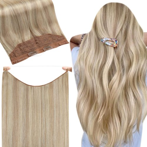 Fshine Wire Hair Extensions Human Hair Invisible Wire Extensions 80g Hairpiece Natural Real Hair Extensions Ash Blonde Highlighted Bleach Blonde Secret Hair Extensions with Transparent Line 18 Inch