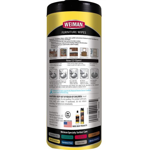 Weiman Wood Cleaner and Polish Wipes - 4 Pack (120 Wipes) - for Furniture to Beautify and Protect No Build-Up Contains Ultra Violet Protection Pleasant Scent Surface Safe - 30 Count Each