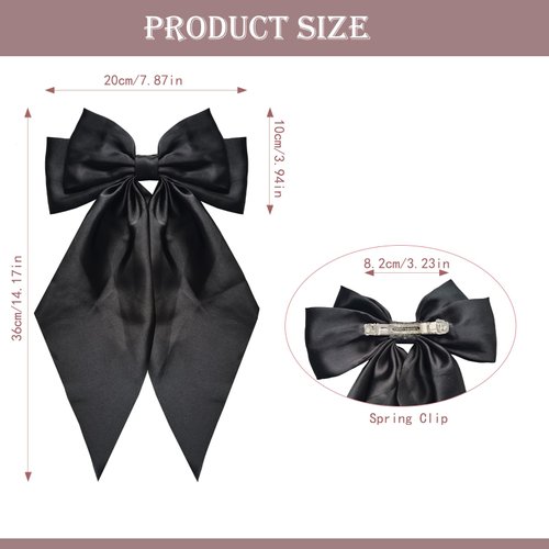 2Pcs Silky Satin Hair Bows for Women Hair Ribbons for girl bow hair clip Oversized Long Tail Hair Bow with Metal Clips Bowknot Aesthetic Hair Accessories(Black+Beige)