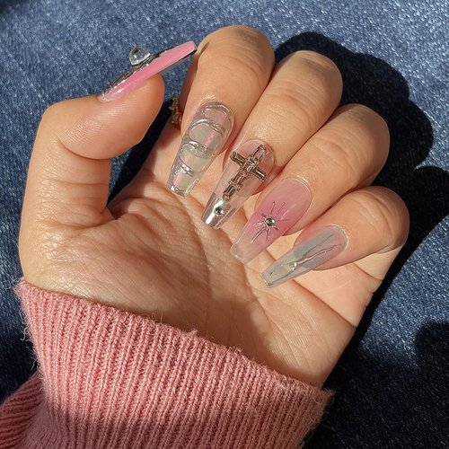 GlimightyX Gel Press on Nails Short,Handmade Salon Quality Thick Acrylic Cat Eye Designs Nails Press on,Reusable Medium Almond Long-lasting for 3 Weeks,10 Nails S Size,Punk Elegance