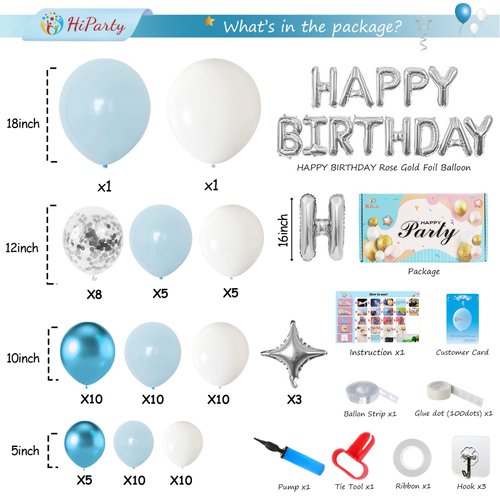 101PCS Blue and White Birthday Party Decorations for Men Baby Boys Kids,3D Foil Happy Birthday Banner Balloons+White Blue Confetti Metallic Balloons Garland Arch Kit+Pump+Complete Accessories