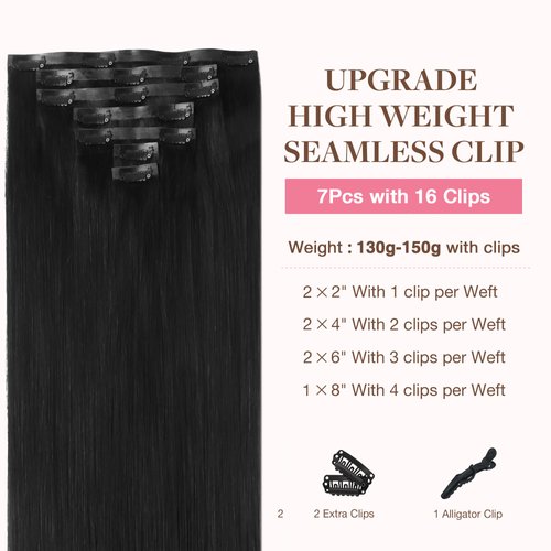 GOO GOO Clip in Hair Extensions Real Human Hair, Remy Human Hair Extensions Clip ins for Women, Natural Human Hair, 22inch 150g 7Pcs, 1B Natural black