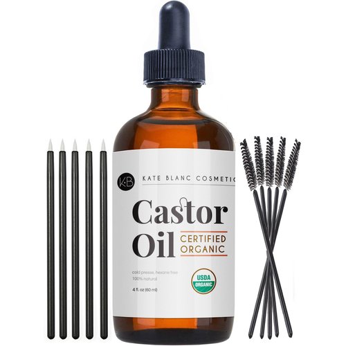 Kate Blanc Cosmetics Organic Castor Oil (4oz). 100% Pure, Cold Pressed, Hexane Free in a Glass Bottle. Stimulate Growth for Eyelashes, Eyebrows, Hair. Skin Moisturizer & Oil Cleanse with Starter Kit