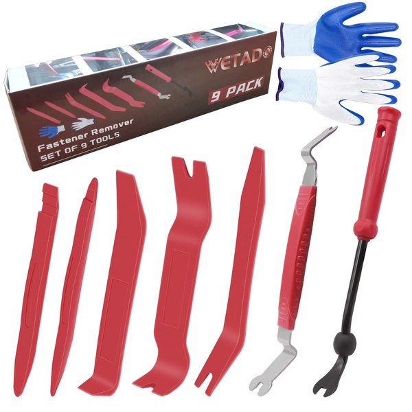 Wetado Trim Removal Tool Kit, Car Door Audio Panel Trim Removal Set Car Upholstery Repair Kit, Fastener Terminal Remover Tool Adhesive Cable Clips Pry Kit Auto Clip Pliers 9PCS (Red)