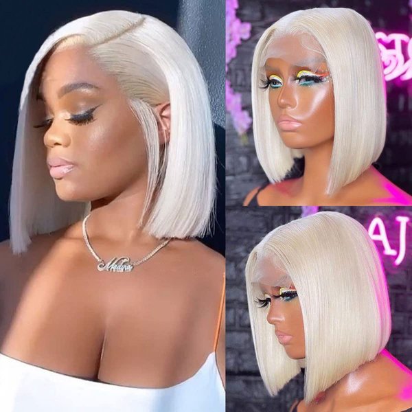 Mscathy Platinum Blonde 13X4 Human Hair Bob Wig HD Lace Front Breathable Hair Pre Plucked Transparent 180% Density Lace Front Wigs Human Hair for Woman 14 Inch