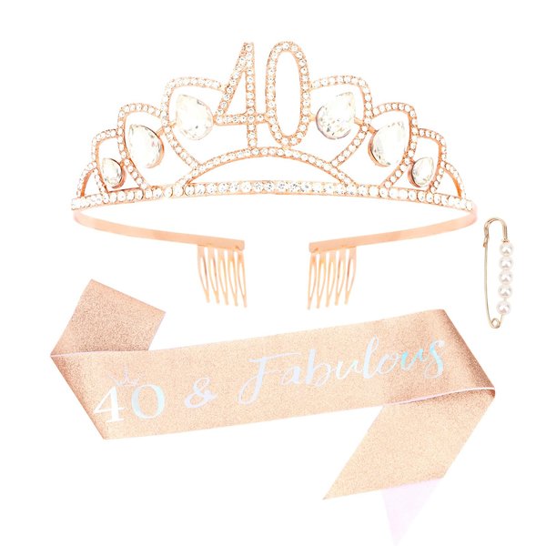 CURASA Birthday Sash and Crown for Women 40th Birthday Sash Rose Gold Birthday Crown Adult Women Rhinestone Birthday Tiara Rose Gold 40 & Fabulous Sash Birthday Decoration for Party Gifts