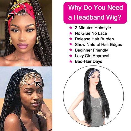 Braided Wigs with Headband Attached for Black Women Twist Crochet Hair Wrap Jumbo Synthetic Cornrow Black Box Braid Long CrochetTwistWig 30Inch
