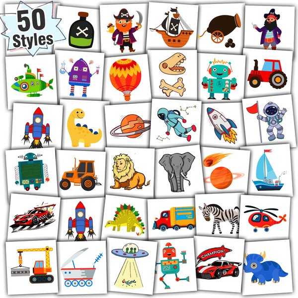 Partywind Temporary Tattoos for Kids Boys, Individually Cut Kids Tattoos for Boys Party Supplies Favors Decorations, Birthday for Dinosaur Pirate Space Construction Party Games
