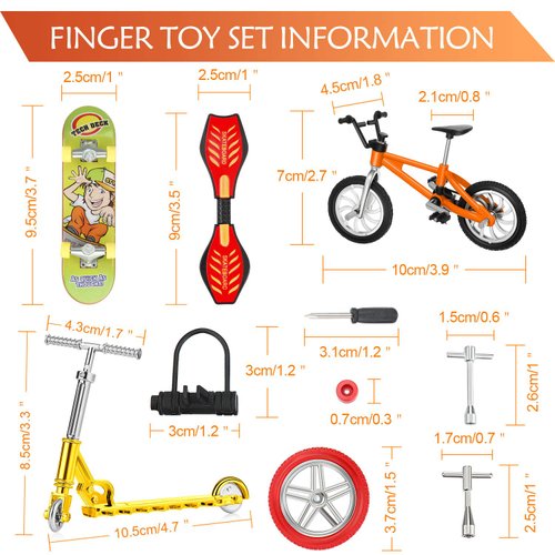 Sumind 18 Pieces Mini Finger Toys Set Includes Finger Skateboards, Finger Bikes, Mini Scooters and Matched Wheels and Tools Accessories Fingertip Movement Educational Toys for Gifts Party Favors