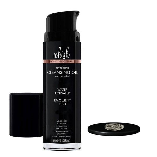 Whish Revitalizing Cleansing Oil with Bakuchiol - Detergent & Soap Free Face Wash - Water-Activated Rich Oil Cleanser to Gently Remove Stubborn Makeup - With Natural Retinol Alternative - 4 fl oz