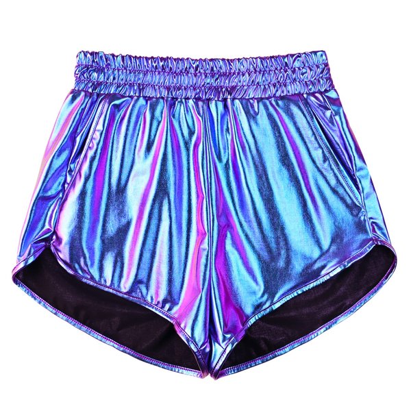 Women Metallic Shorts Size M Spandex Sparkly Hot Outfit Shiny Disco Pants Laser Blue