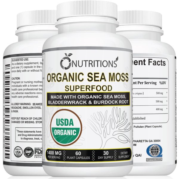 O NUTRITIONS Organic Sea Moss Superfood Made USA Certified Organic with Irish Sea Moss, Burdock Root, and Bladderwrack -Seamoss Raw Alkaline Supplement