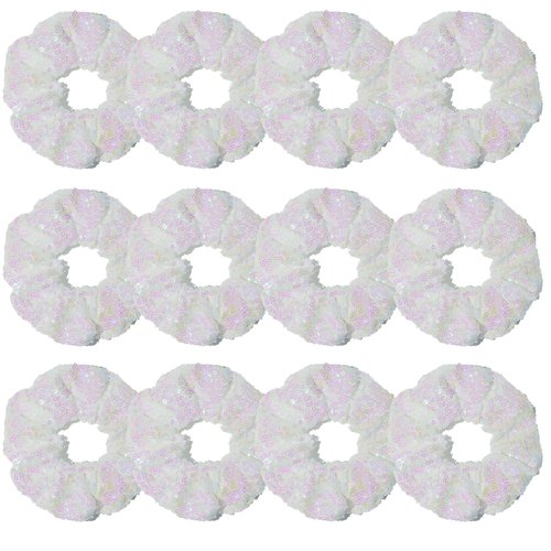 12 Pcs Bling Mermaid Sequins Dance Scrunchies Cheer Scales Hair Scrunchies For Thick Hair School Performance Scrunchy Sports Ponytail Holder Wrist for Girls Cosplay Show (White)