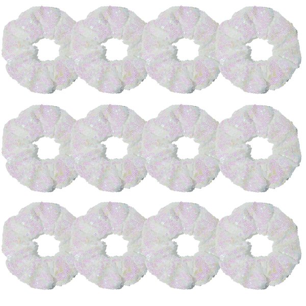 12 Pcs Bling Mermaid Sequins Dance Scrunchies Cheer Scales Hair Scrunchies For Thick Hair School Performance Scrunchy Sports Ponytail Holder Wrist for Girls Cosplay Show (White)