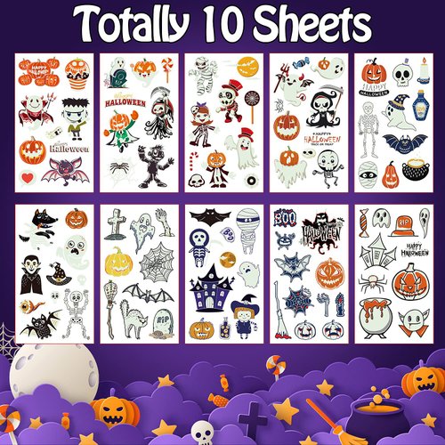 Glow in Dark Halloween Party Favors for Kids, Halloween Tattoos for Kids, Fake Tattoos Halloween Face Stickers Halloween Birthday Party Supplies Decorations Games Halloween Egg Hunt