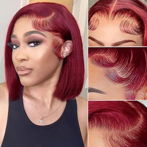 99J Burgundy Lace Front Wigs Human Hair 13x4 Short Bob Wig HD Lace Front Human Hair Wig Pre Plucked with Baby Hair 8inch180% Density Win Red Burgundy Color Bob Wig for Women Human Hair