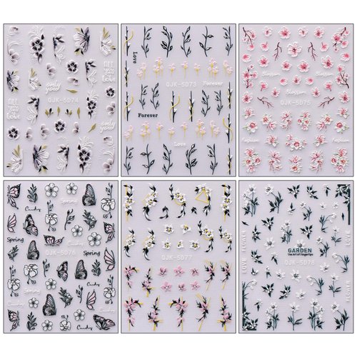 JMEOWIO 6 Sheets 3D Embossed Spring Flower Nail Art Stickers Decals Self-Adhesive Pegatinas Uñas 5D Colorful Summer Leaf Floral Nail Supplies Nail Art Design Decoration Accessories