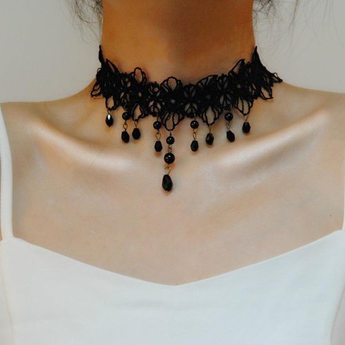 Xerling Floral Black Lace Choker with Crystal Beads Tassel for Women Short Necklace Flower Grunge Necklace Halloween Costume Jewelry
