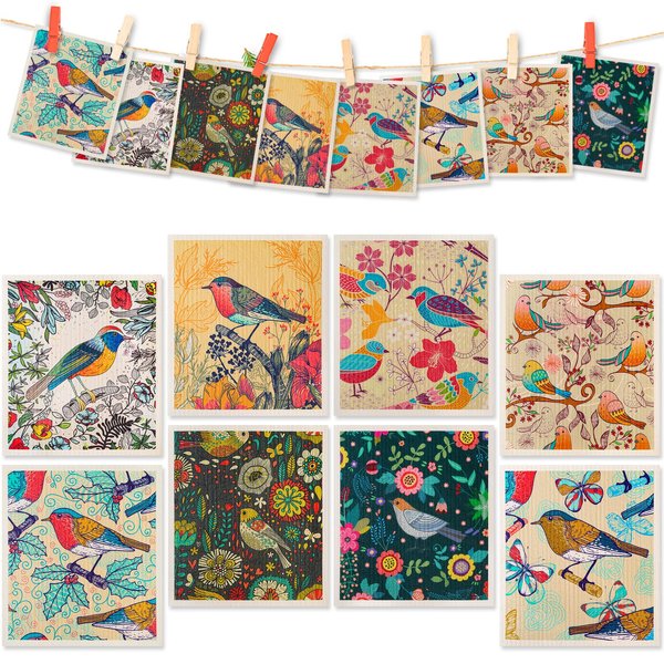 Lucomb 8 Pack Swedish Dishcloths for Kitchen, Reusable Soft Kitchen Towels Dish Cloths Set Absorbent Sponge Cleaning Washable Quick Drying Bar Hand Washing (Birds Flowers)