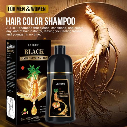 LAIKETE Black Hair Dye Shampoo 3 in 1 for Gray Hair Coverage, Instant Hair Color Shampoo for Men & Women, Herbal Ingredients Hair Color Shampoo in 10-15 Minutes (500mL,17.6 Fl Oz)