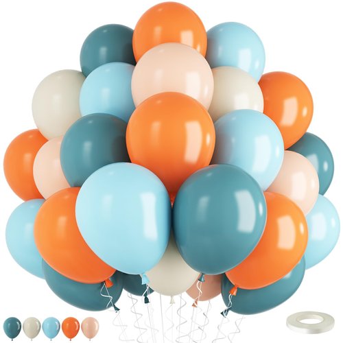Orange Blue Balloons, 60 Pcs Orange Blue White Balloons, 12Inch Orange Pastel Orange Retro Sea Blue Light Blue Ivory White Balloons for Birthday Baby Shower Graduation Engagement Party Decorations