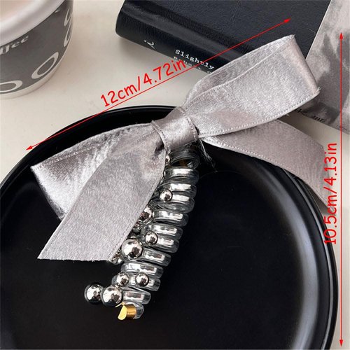2 Pcs Bow Telephone Wire Hair Bands Spiral Hair Ties No Damage Silver Bows Braided Phone Cord Headband Hair Tie Y2K Ponytail Holders Ribbon Bowknot Beads Hairties Coil Hair Ties Cute Hair Accessories