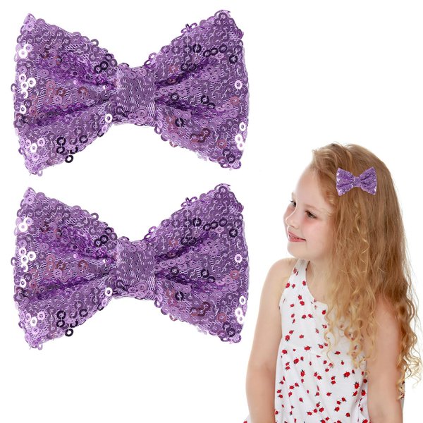 3" Purple Sparkly Glitter Sequin Hair Bows Clips for Toddler Girls Valentines Christmas Birthday Gift Party Dress Outfit Decor Accessories Wedding Alligator Barrettes Hairpins
