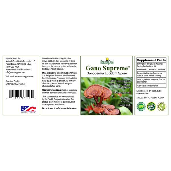 NaturalyPure Gano-Supreme - Certified Organic Ganoderma Lucidum Spore, 90 Vegan Caps, Made in The USA