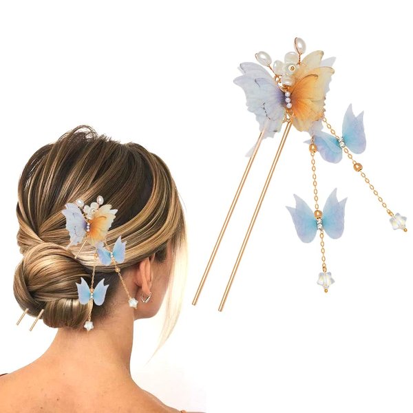 1pc Gauze Butterfly Hair Stick Retro Tassel Pendant Hairpin Hair Updo Accessories Hair Chopsticks MGPFERD