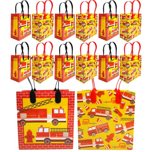 Tiny Mills Fire Truck Themed Party Favor Bags Treat Bags with Handles, Firefighter Fire Engine Birthday Party Goodie Bags Candy Bags for Toddler Birthday Party, Pack of 12