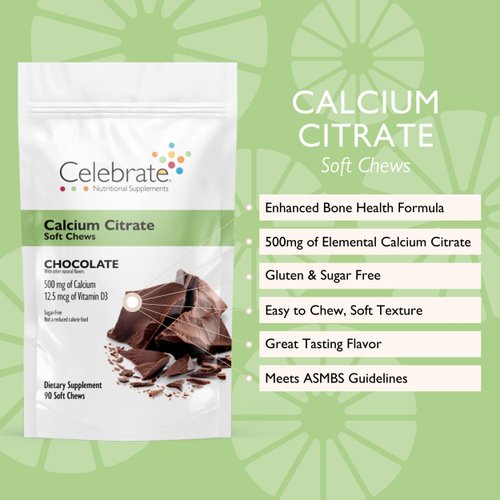 Celebrate Vitamins Calcium Citrate Soft Chews - 500mg Calcium Citrate, 500 IU Vitamin D3 - Bone Health Support - Sugar & Gluten Free, Calcium Supplement After Bariatric Surgery, Chocolate, 90 Count