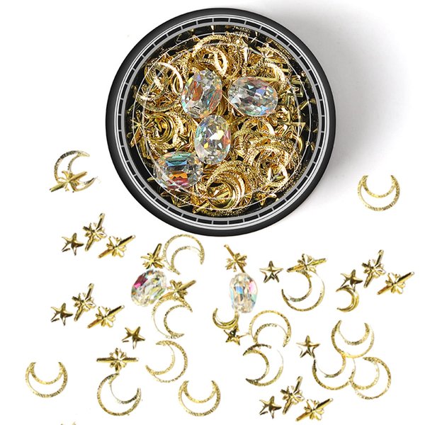Nail Studs Gems Sparkle Rhinestones Metal Rivets Moon Star Shaped Artificial 3D Nail Art Decoration for Women Girl DIY Nail Decor for DIY Crafts Gems Jewelry