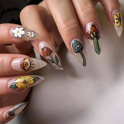 Mushroom Press on Nails Long Almond Pointed Fake Nails Sun Flowers Daisy Eyes Designs False Nails Full Cover Clear Glue on Nails Acrylic Artificial Nails Stick on Nails for Women Girls 24Pcs