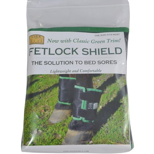 Click Horse Fetlock Shield, Horse Wrap, Prevents Pressure Sores & Bed Sores Fetlock Shields for Horses, Protection Horse Boots, Bedsore Boots, Nylon Lined Interior Black w/Green Trim - One Size